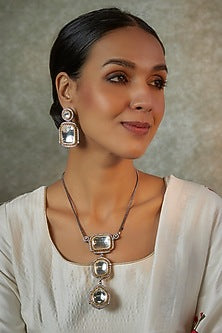 White Finish Zircon & Polki Long Pendant Necklace Set