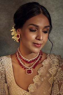 Gold Finish Kundan Polki & Red Onyx Choker Necklace Set