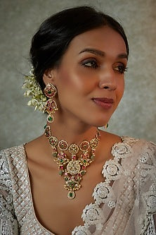 Gold Finish Multi-Colored Kundan Polki Choker Necklace Set
