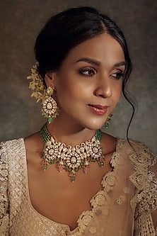 Gold Finish Kundan Polki & Mint Green Bead Choker Necklace Set