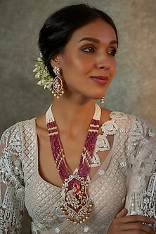 Gold Finish Rose Quartz & Kundan Polki Long Necklace Set
