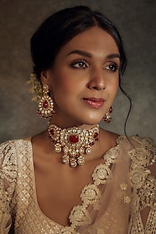Gold Finish Red Kundan Polki Choker Necklace Set