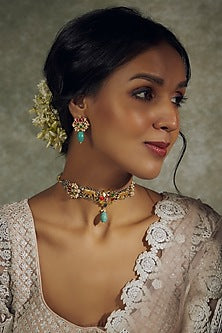 Gold Finish Multi-Colored Kundan Polki Choker Necklace Set