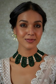Gold Finish Kundan Polki & Green Beaded Choker Necklace