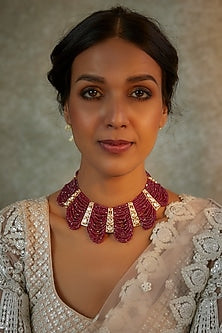Gold Finish Kundan Polki & Red Beaded Choker Necklace