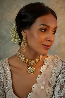 Gold Finish Green Kundan Polki Choker Necklace Set