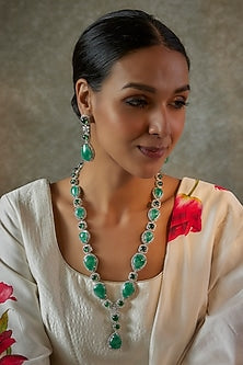 White Finish Mint Green Synthetic Stone & Zircon Long Necklace Set
