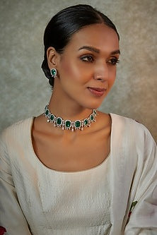 White Finish Green Zircon Choker Necklace Set