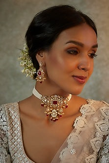 Gold Finish Red Kundan Polki Choker Necklace Set