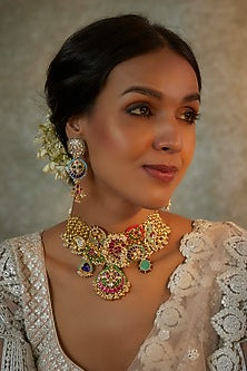 Gold Finish Multi-Colored Kundan Polki Choker Necklace Set