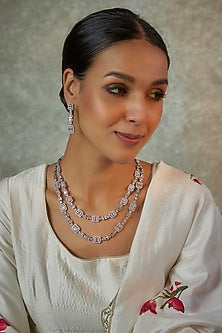 White Finish Zircon Long Necklace Set