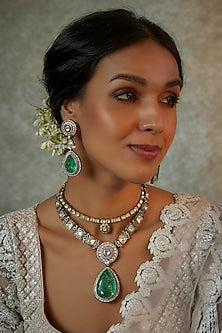 White Finish Zircon & Green Kundan Polki Long Necklace Set