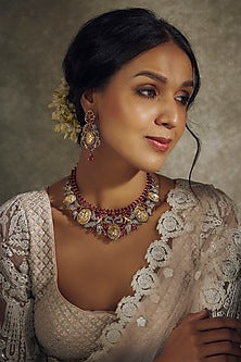 White Finish Zircon & Red Kundan Polki Choker Necklace Set