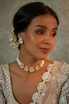 White Finish Zircon & Kundan Polki Choker Necklace Set