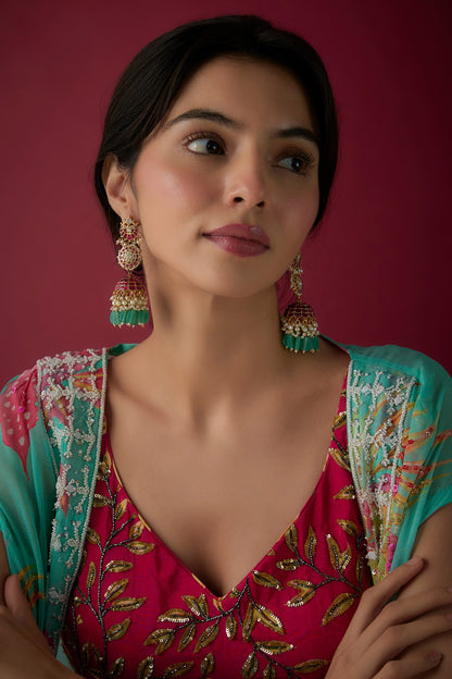 Gold Finish Pink Kundan Polki & Green Beaded Jhumka Earrings