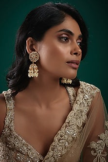 Gold Finish Kundan Polki & Pearl Jhumka Earrings
