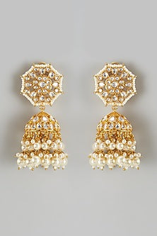 Gold Finish Kundan Polki & Pearl Jhumka Earrings