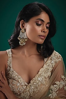 Gold Finish Kundan Polki & Pearl Meenakari Dangler Earrings