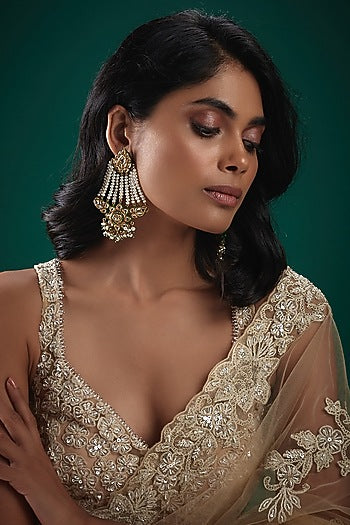 Gold Finish Kundan Polki & Pearl Meenakari Dangler Earrings