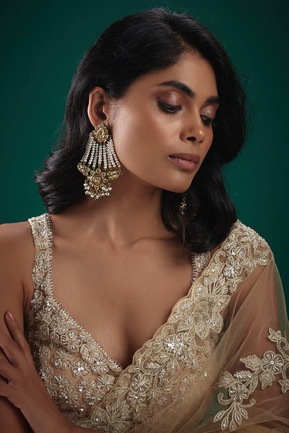 Gold Finish Kundan Polki & Pearl Meenakari Dangler Earrings