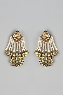 Gold Finish Kundan Polki & Pearl Meenakari Dangler Earrings