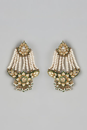 Gold Finish Kundan Polki & Pearl Meenakari Dangler Earrings