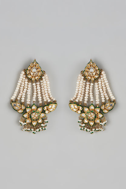 Gold Finish Kundan Polki & Pearl Meenakari Dangler Earrings