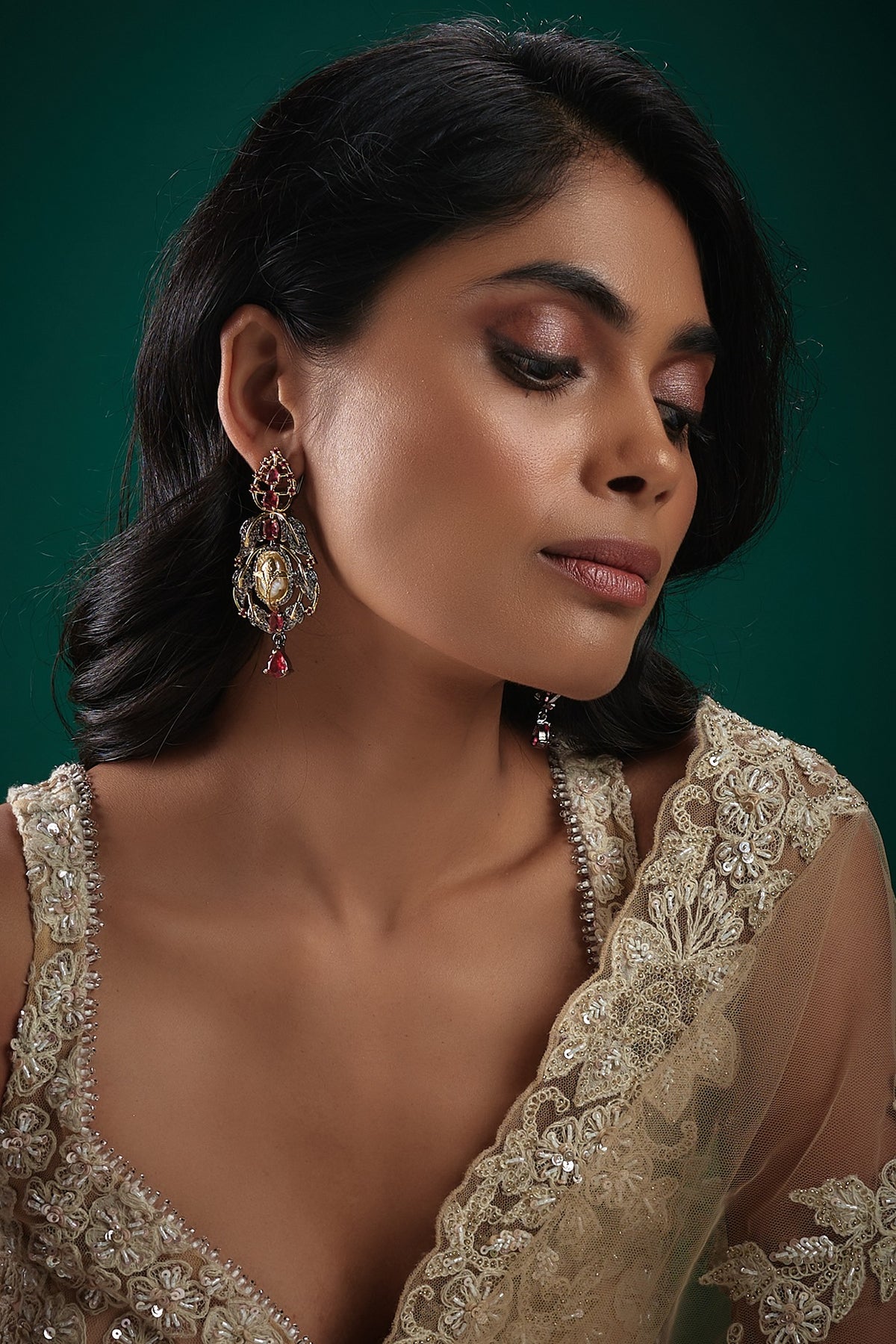 Black Rhodium Finish Kundan Polki & Pink Onyx Dangler Earrings