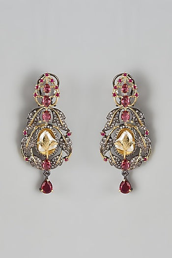 Black Rhodium Finish Kundan Polki & Pink Onyx Dangler Earrings