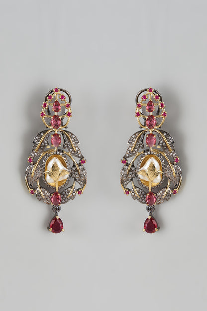 Black Rhodium Finish Kundan Polki & Pink Onyx Dangler Earrings