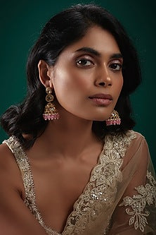 Gold Finish Kundan Polki & Pink Beaded Jhumka Earrings