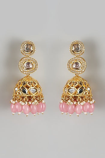 Gold Finish Kundan Polki & Pink Beaded Jhumka Earrings