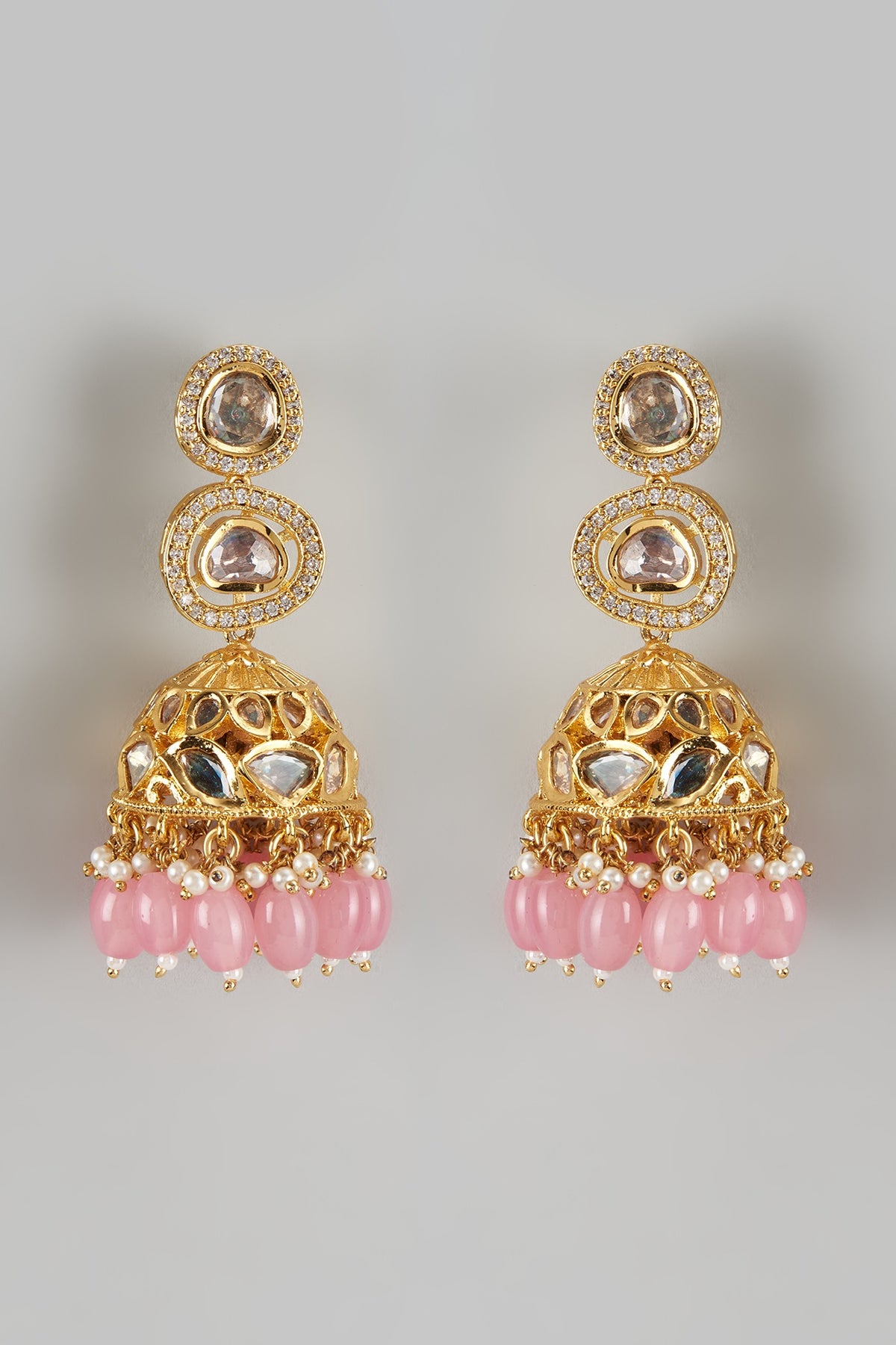 Gold Finish Kundan Polki & Pink Beaded Jhumka Earrings