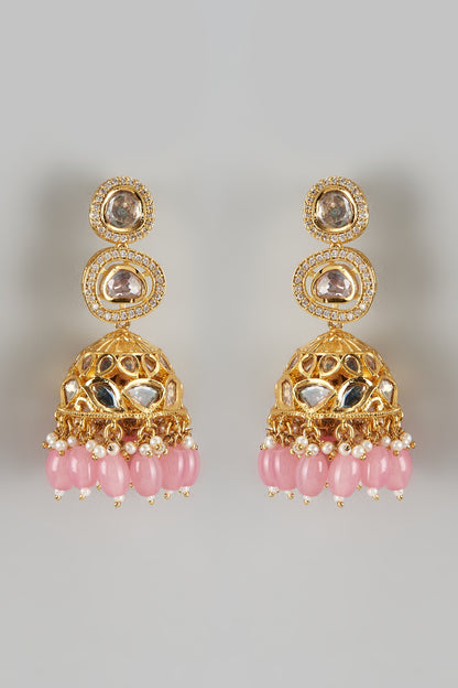 Gold Finish Kundan Polki & Pink Beaded Jhumka Earrings