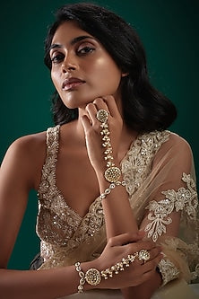 Gold Finish Kundan Polki & Beaded Hand Harness