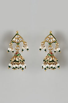 Gold Finish Kundan Polki & Green Beaded Jhumka Earrings