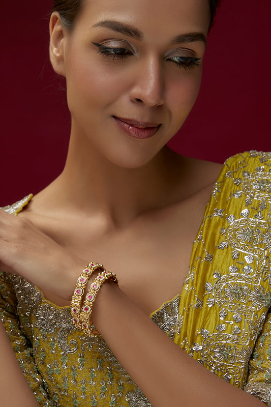 Gold Finish Kundan Polki & Pink Onyx Bangles (Set Of 2)