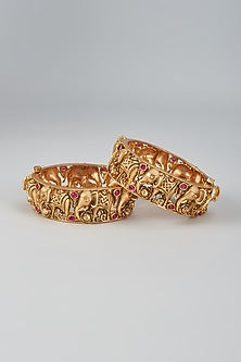 Gold Finish Kundan Polki & Pink Onyx Bangles (Set Of 2)