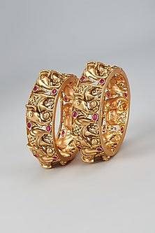Gold Finish Kundan Polki & Pink Onyx Bangles (Set Of 2)