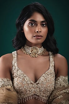 Gold Finish Kundan Polki & Beaded Choker Necklace