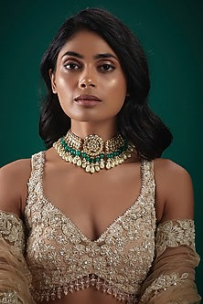 Gold Finish Kundan Polki & Beaded Choker Necklace
