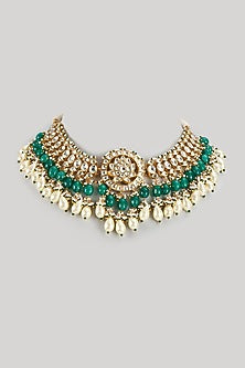 Gold Finish Kundan Polki & Beaded Choker Necklace