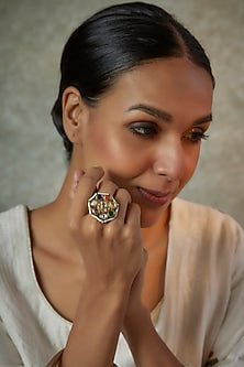 Gold Finish Multi-Colored Kundan Polki Ring