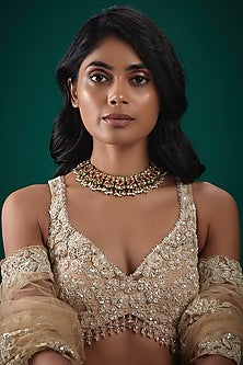 Gold Finish Kundan Polki & Pink Onyx Meenakari Choker Necklace