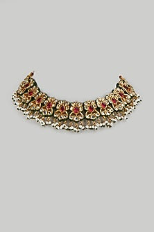 Gold Finish Kundan Polki & Pink Onyx Meenakari Choker Necklace