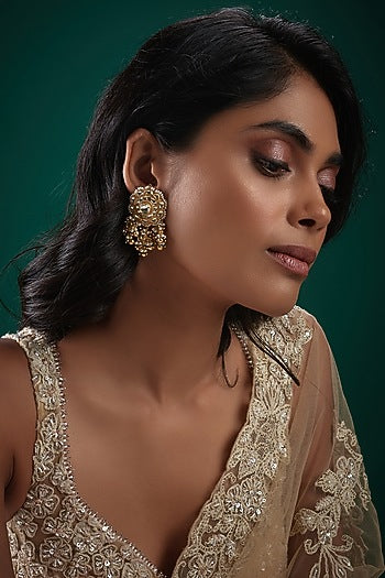 Gold Finish Kundan Polki & Multi-Colored Bead Drop Dangler Earrings