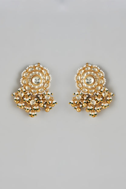Gold Finish Kundan Polki & Multi-Colored Bead Drop Dangler Earrings