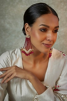 Gold Finish Kundan Polki & Red Beaded Dangler Earrings