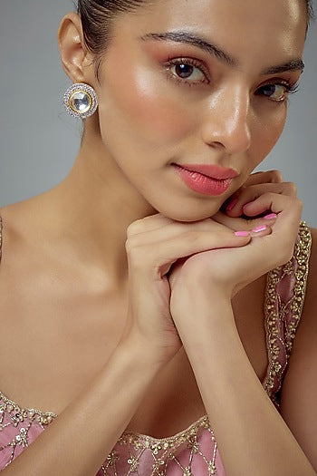 White Rhodium Finish Zircon & Pearl Stud Earrings