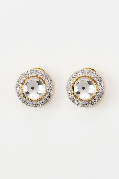 White Rhodium Finish Zircon & Pearl Stud Earrings